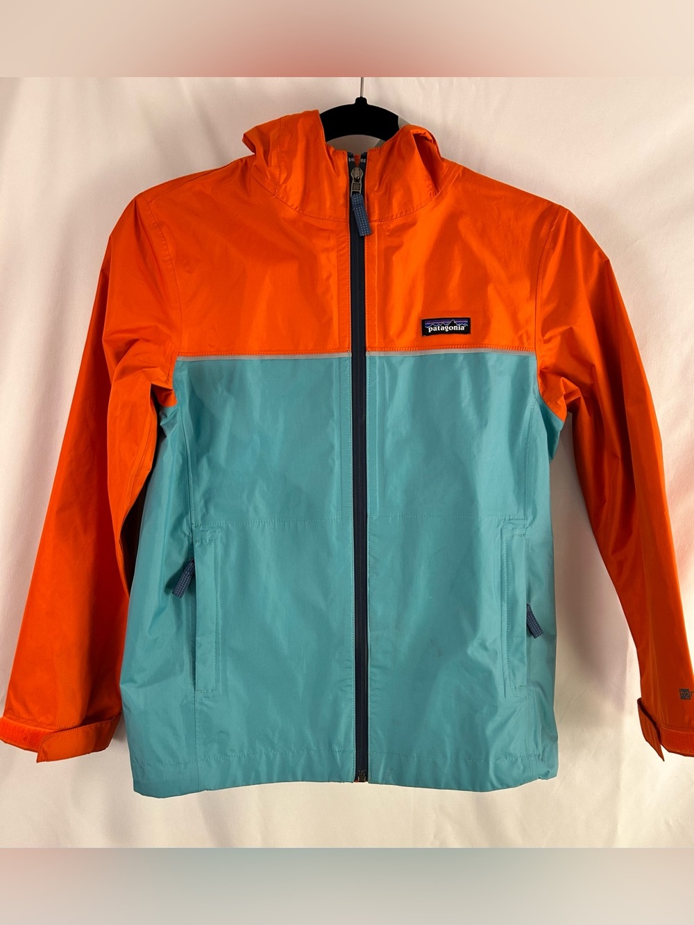 Patagonia Boys M 10 Colorblock Hooded Rain Jacket Orange Teal Nylon